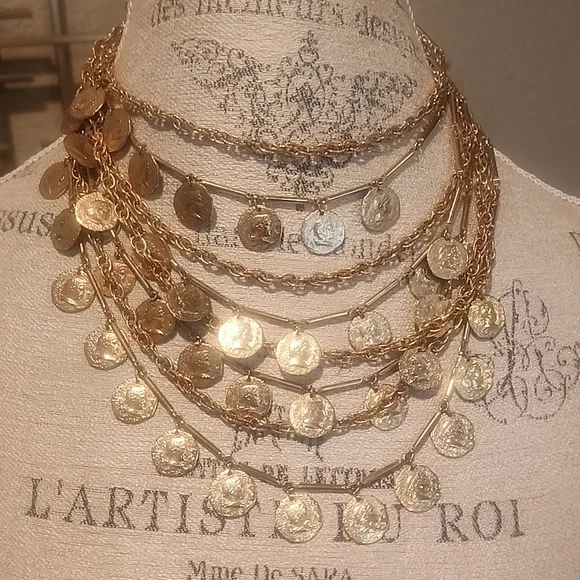 Vintage Multi Row Coins Chains Necklace Gold Tone Adjustable Length - Picture 4 of 6